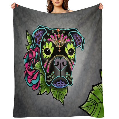 Boxer in Black- Day of The Dead Sugar Skull Dog Anti-pilling Throw Blanket