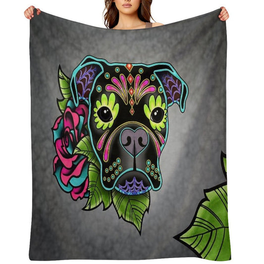Boxer in Black- Day of The Dead Sugar Skull Dog Anti-pilling Throw Blanket