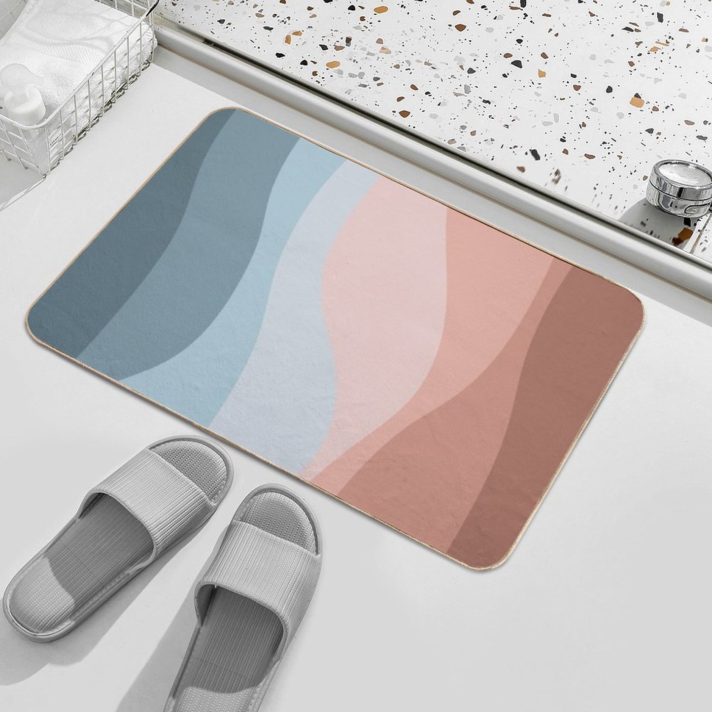 Retro Style Design with Blue And Pink Waves  Long-Lasting Bath Mat