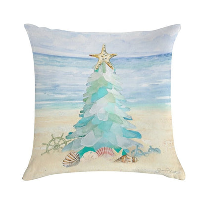 Coastal Seaglass Christmas Tree B Soft Bedroom Essential Throw Pillow