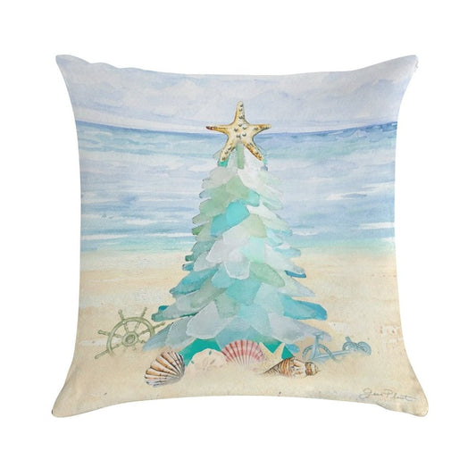 Coastal Seaglass Christmas Tree B Soft Bedroom Essential Throw Pillow
