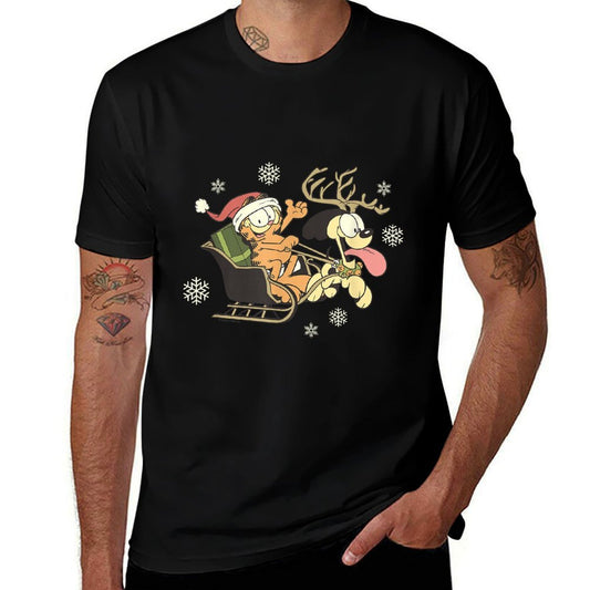 Garfield Christmas Reindeer Odie Jolly Sleigh Winter Fun  High-quality Stitching T-Shirt