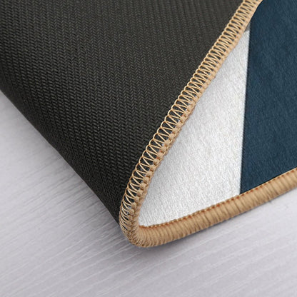 Triangle Trio. Minimalist Geometric in Light Mustard Yellow, White, Grey, And Navy Blue  Pet-Safe Bath Mat