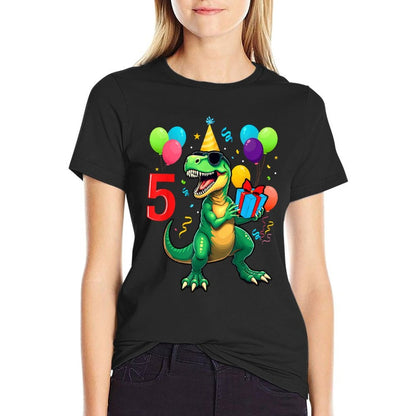 5th Birthday Boy Dinosaur Happy Bday T-rex Party Kids  Ribbed Collar T-Shirt