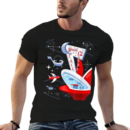 Funny Atomic Cat Cafe Retro Futuristic Spaceport Mid Century  Eco-friendly Material T-Shirt