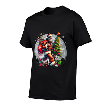 Santa Bigfoot Christmas Tree Xmas Lights Funny Sasquatch  Tagless Design T-Shirt