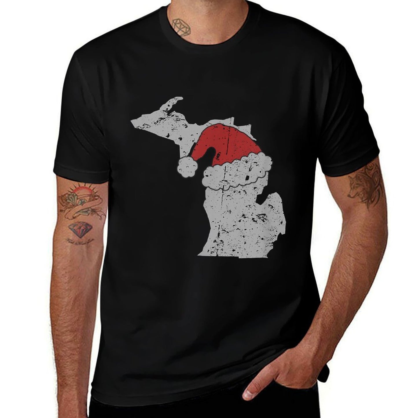 State of Michigan Christmas W Santa Hat Distressed  Vintage-inspired T-Shirt