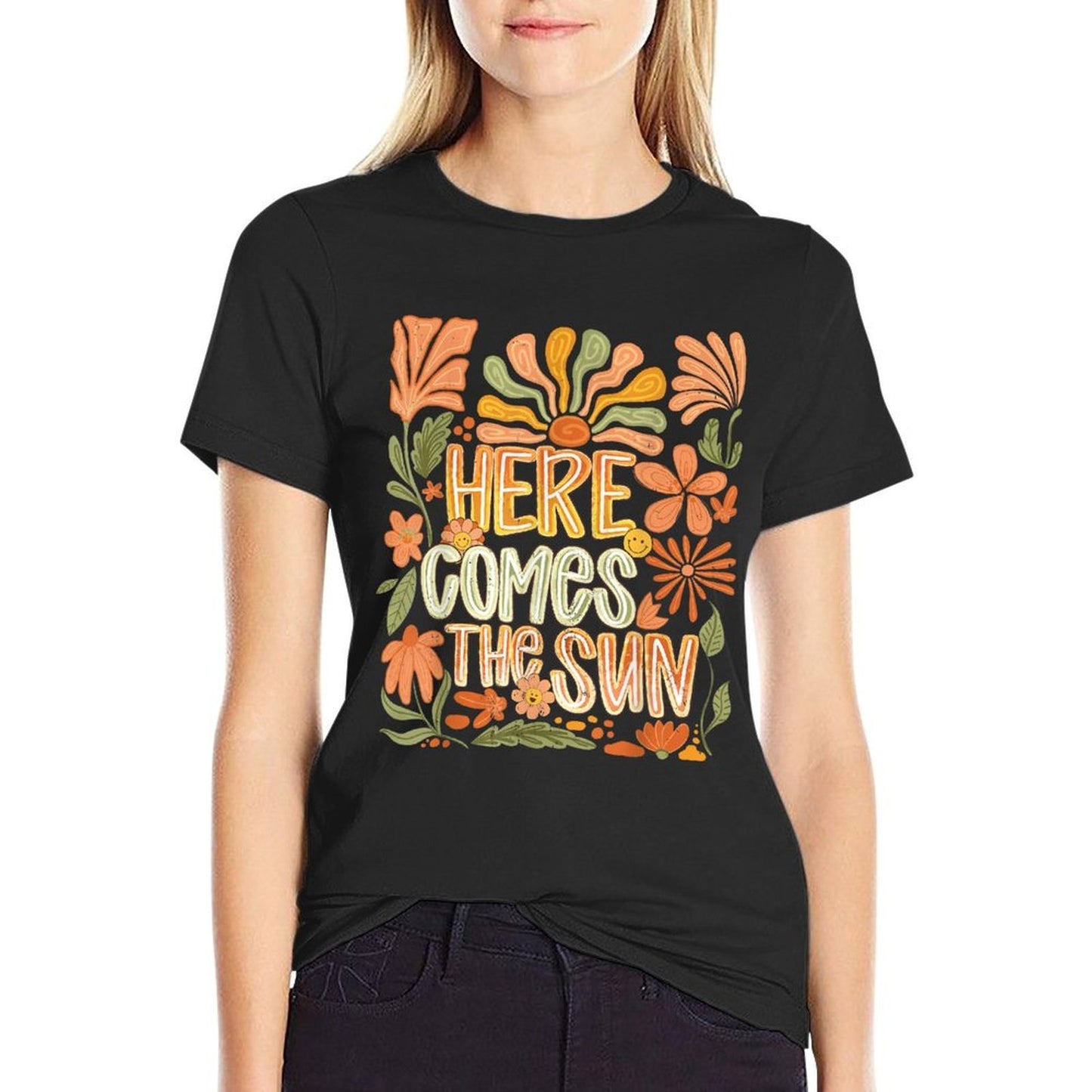 Here Comes Summer The Sun Boho Floral Motivational Quote  Rolled Sleeves T-Shirt
