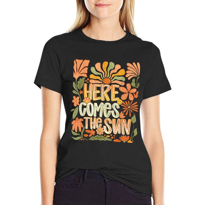 Here Comes Summer The Sun Boho Floral Motivational Quote  Rolled Sleeves T-Shirt