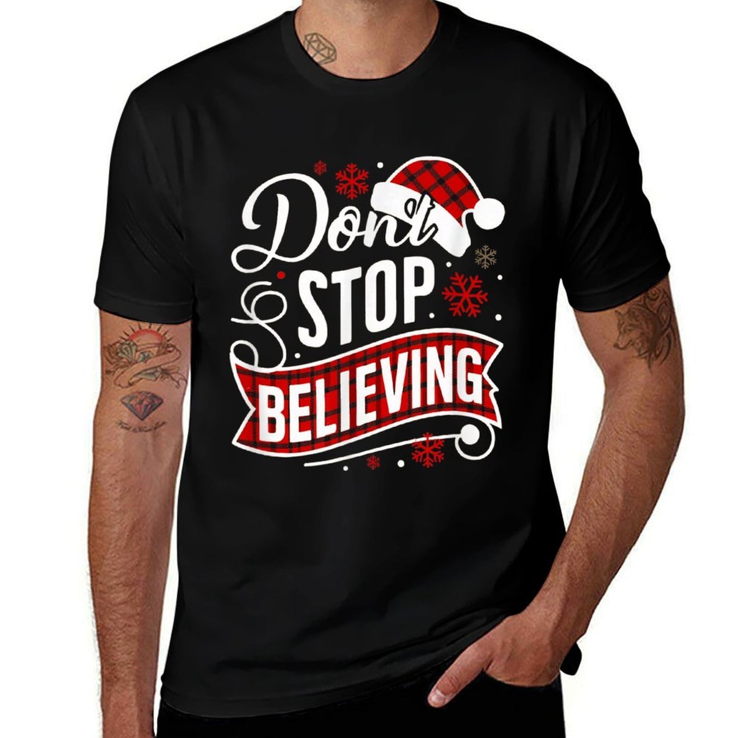 Santa Claus Dont Stop Believing Christmas Letter Print, Unisex-Adults, Black, Small,, Comfortable T-Shirt