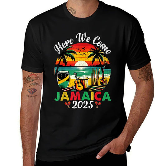 Here We Come Jamaica 2025 Girls Trip Family Summer Vacation  Ribbed Collar T-Shirt