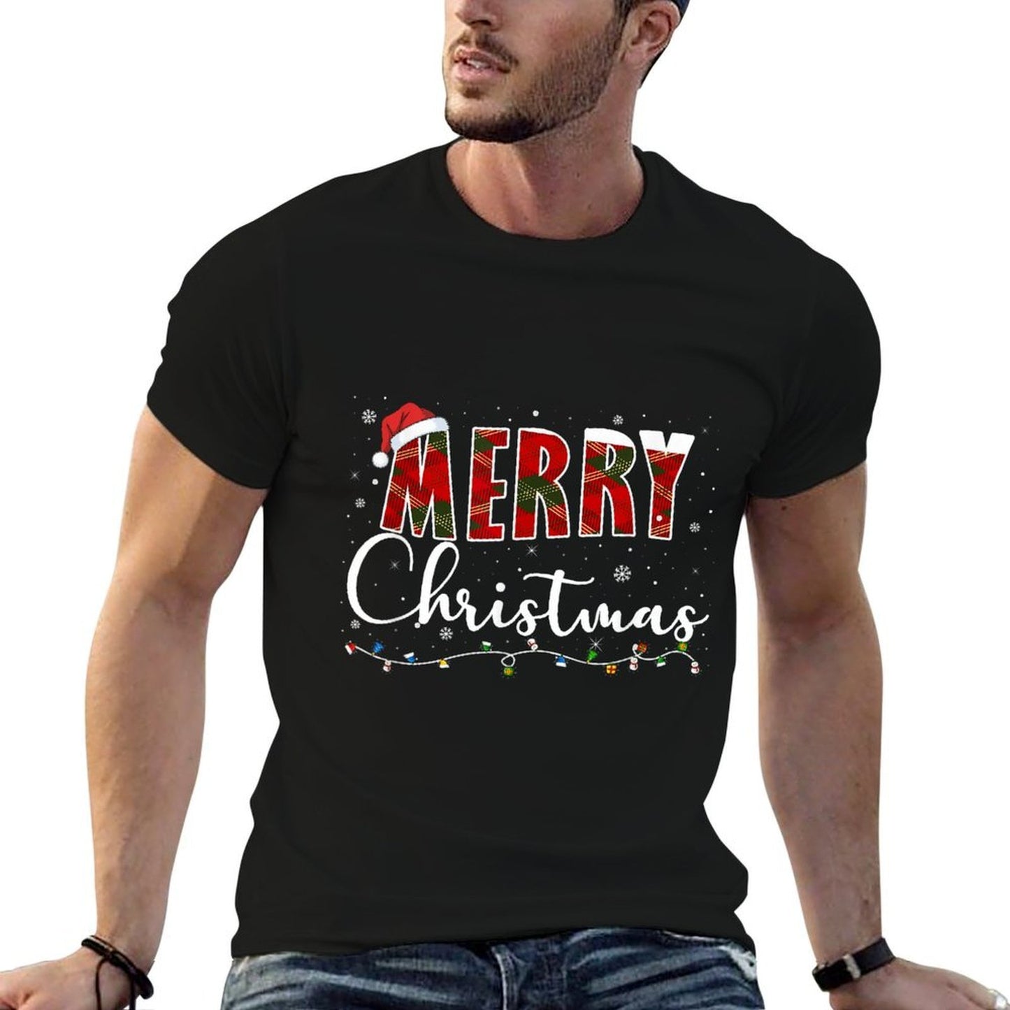 Merry Christmas Lights, Red Santa Hat Xmas Family Men Women  Odor-resistant T-Shirt