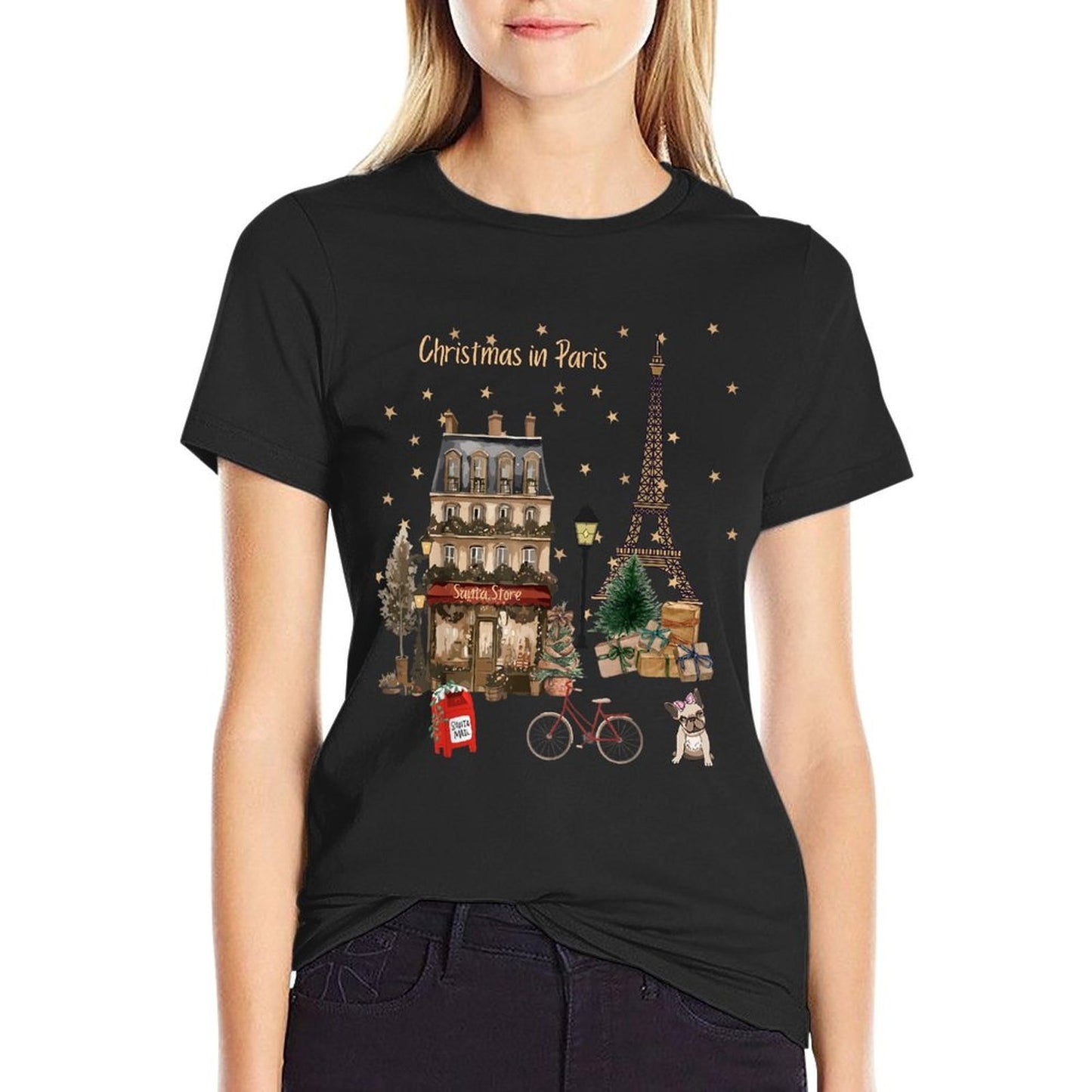 Christmas in Paris, Eiffel Tower, Store, And Festivities  Trendy Pattern T-Shirt