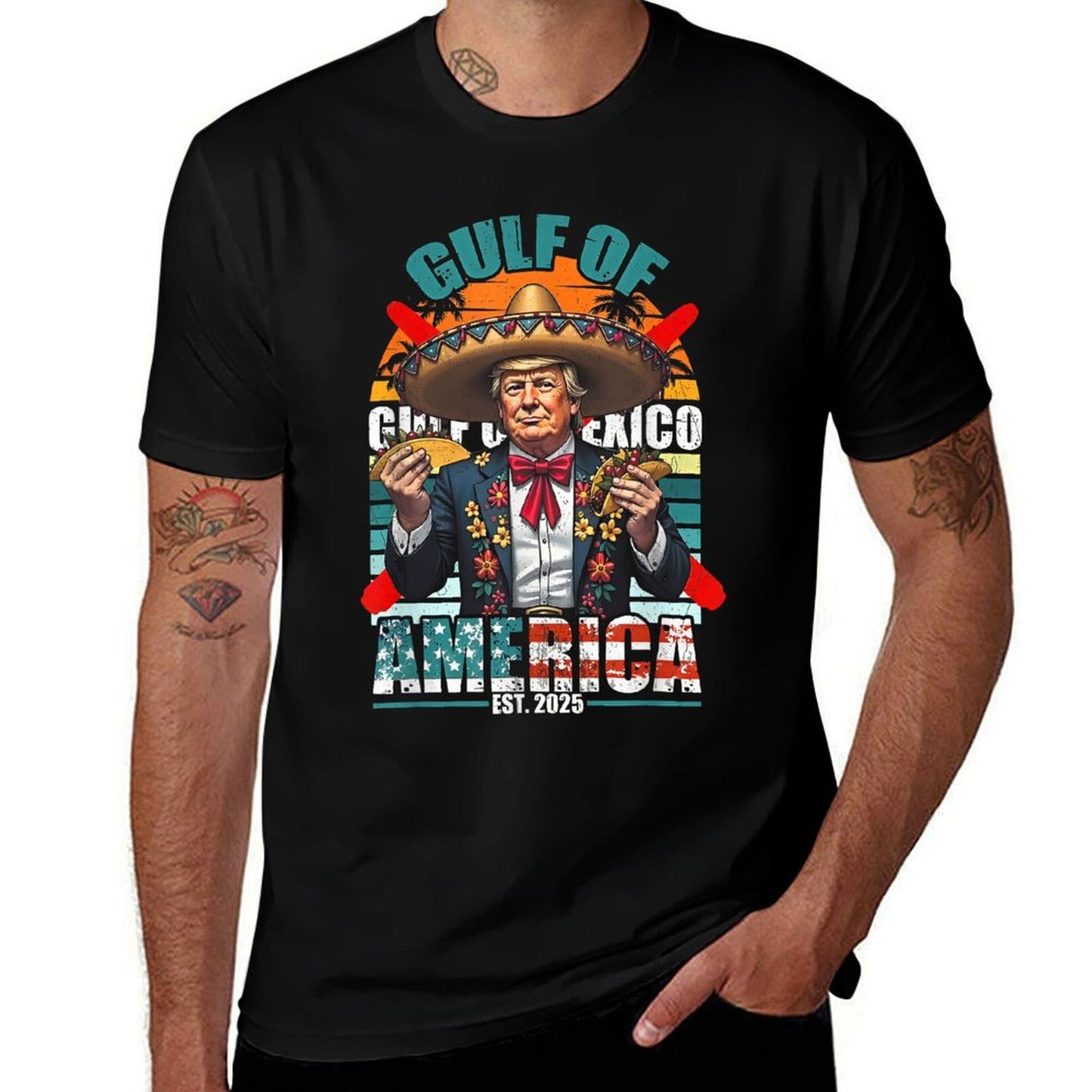 Trump Tacos Cinco De Mayo Shirt Gulf Of Us America Est 2025 Ribbed Collar T-Shirt