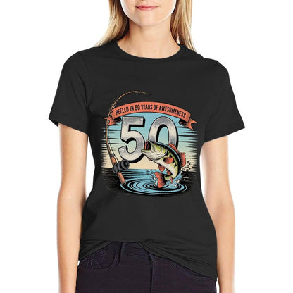 Fishing 50th Birthday – Reeled in 50 Years of Awesomeness Premium  Stretchy T-Shirt