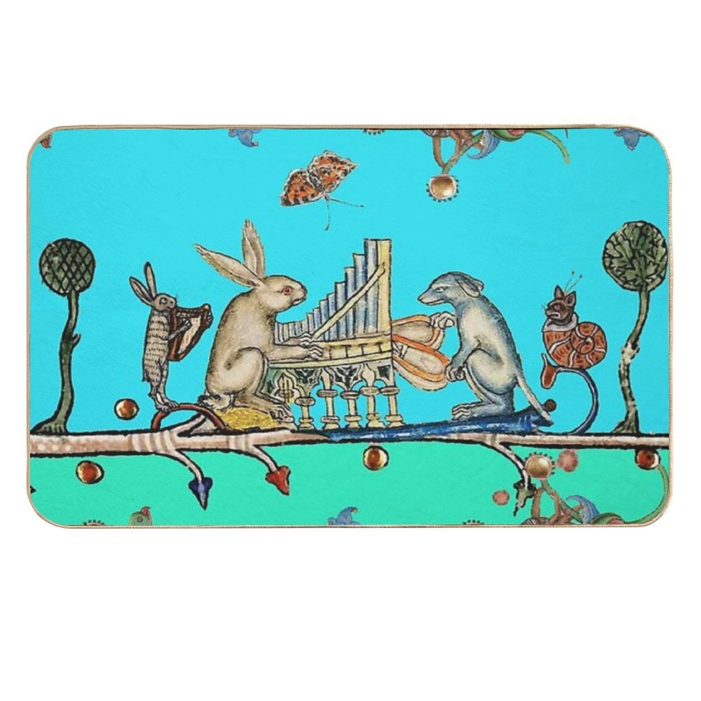 WEIRD MEDIEVAL BESTIARY MAKING MUSIC,White Rabbit And Dog Playing Organ, Harpist Hare, Snail Cat in Blue  Anti-Trip Bath Mat