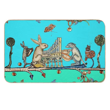 WEIRD MEDIEVAL BESTIARY MAKING MUSIC,White Rabbit And Dog Playing Organ, Harpist Hare, Snail Cat in Blue  Anti-Trip Bath Mat