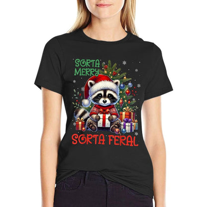 Christmas Tree Cute Raccoon Xmas Feral Girl Kids  Cotton T-Shirt