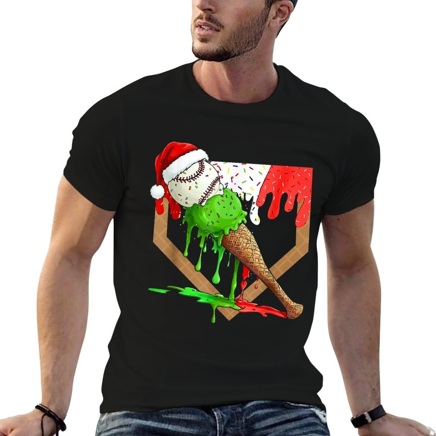 Santa Sports Ice Baseball Christmas Xmas Pajama Kid Men Boys  Tagless Design T-Shirt