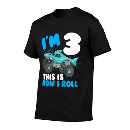 Shark Monster Truck Birthday Party Toddler Is Three Years  Summer-ready Fabric T-Shirt