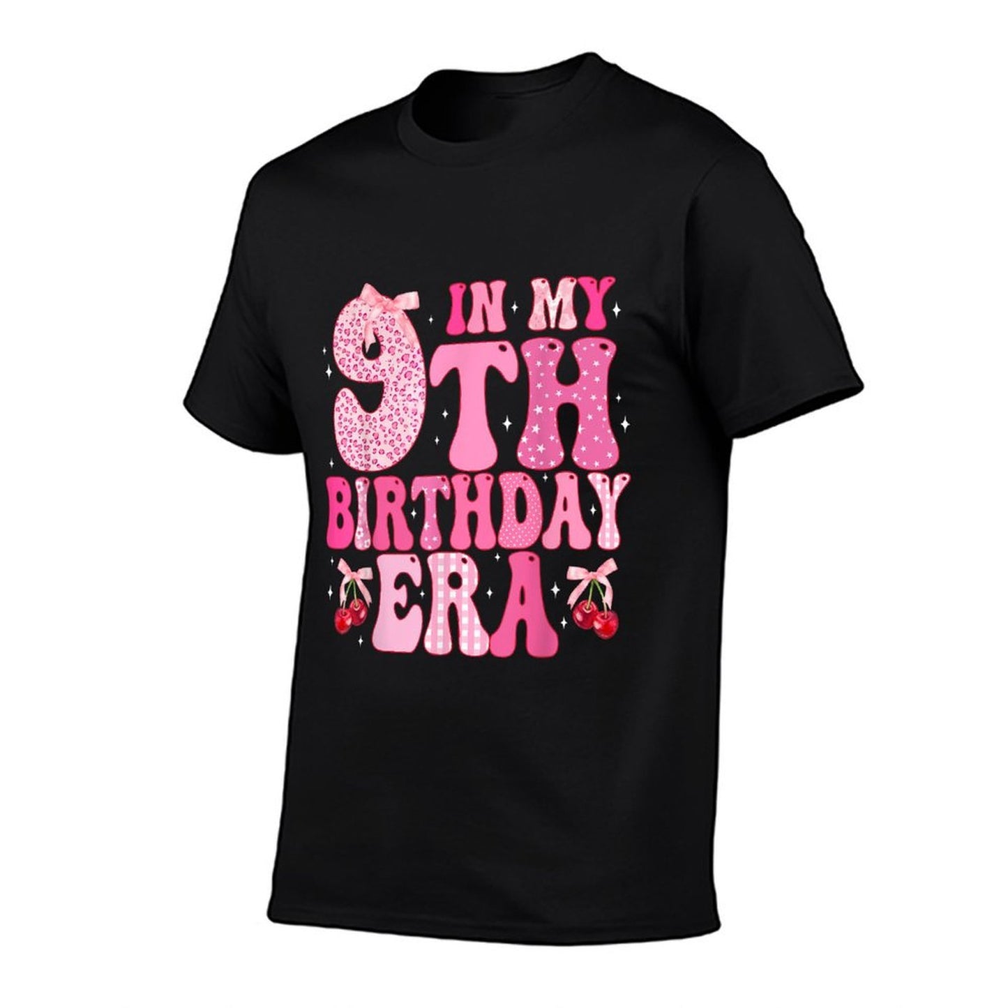 Kids In My 9th Birthday Era Girl Coquette Bow Cherry Theme  Tagless Design T-Shirt