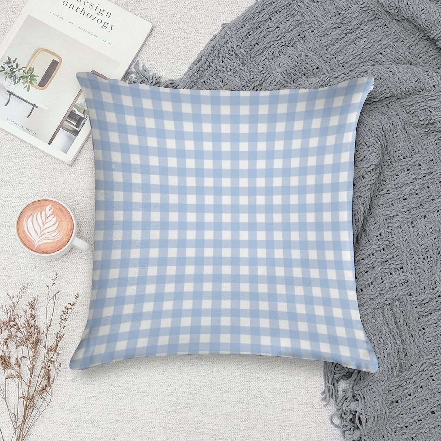 Light Blue Gingham Patterned Soft Warmth Comfort Throw Pillow