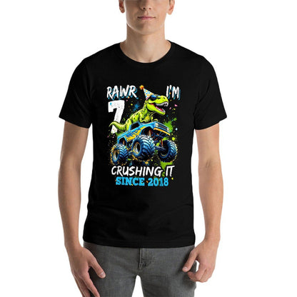 7th Birthday Monster Truck Dinosaur Party Boys Rawr I'm 7  Versatile T-Shirt