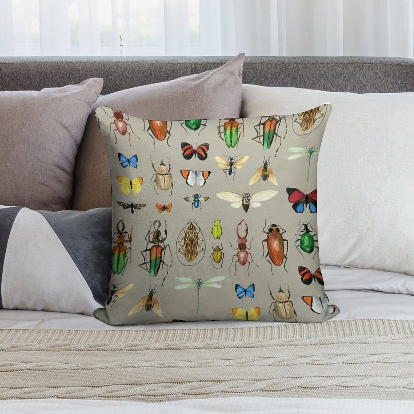 The Usual Suspects - Insects on Grey - Watercolour Bugs Pattern by Cecca Designs Soft High-Density Material Throw Pillow