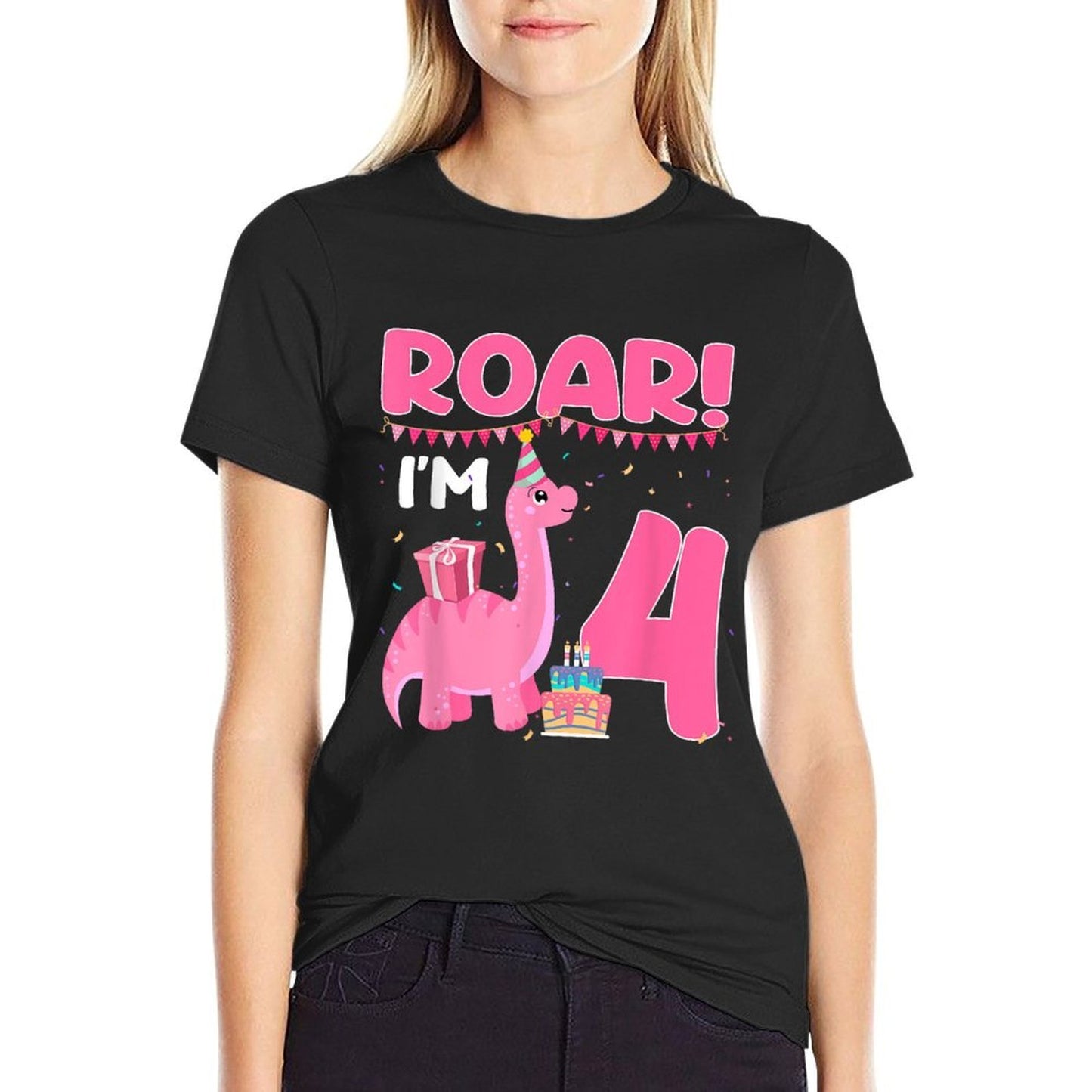 Roar I'm 4 Year Old Dinosaur Girl 4th Birthday Party  Soft T-Shirt