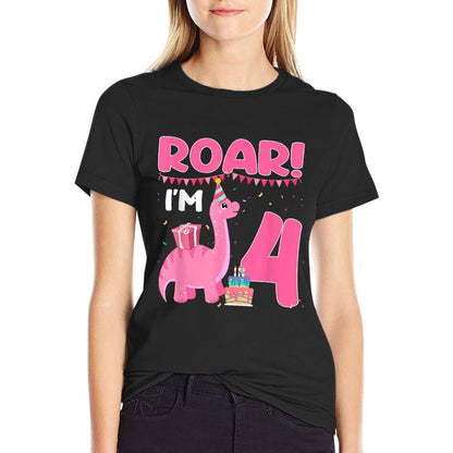 Roar I'm 4 Year Old Dinosaur Girl 4th Birthday Party  Soft T-Shirt