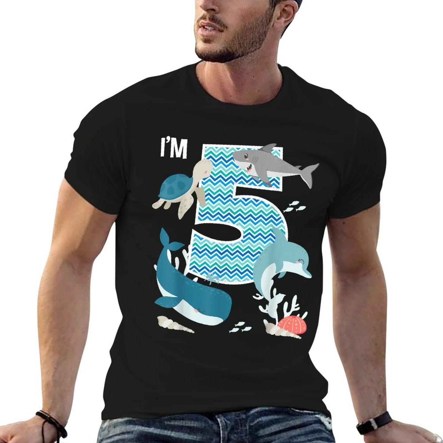 Kids 5 Year Old Ocean Life Whale Dolphin Shark 5th Birthday  Summer-ready Fabric T-Shirt