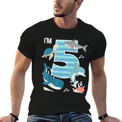 Kids 5 Year Old Ocean Life Whale Dolphin Shark 5th Birthday  Summer-ready Fabric T-Shirt