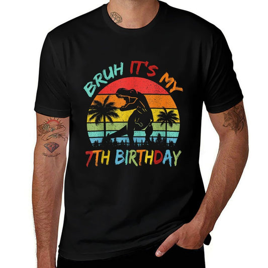 Bruh It's My 7th Birthday Dinosaur 7 Year Old  Rolled Sleeves T-Shirt