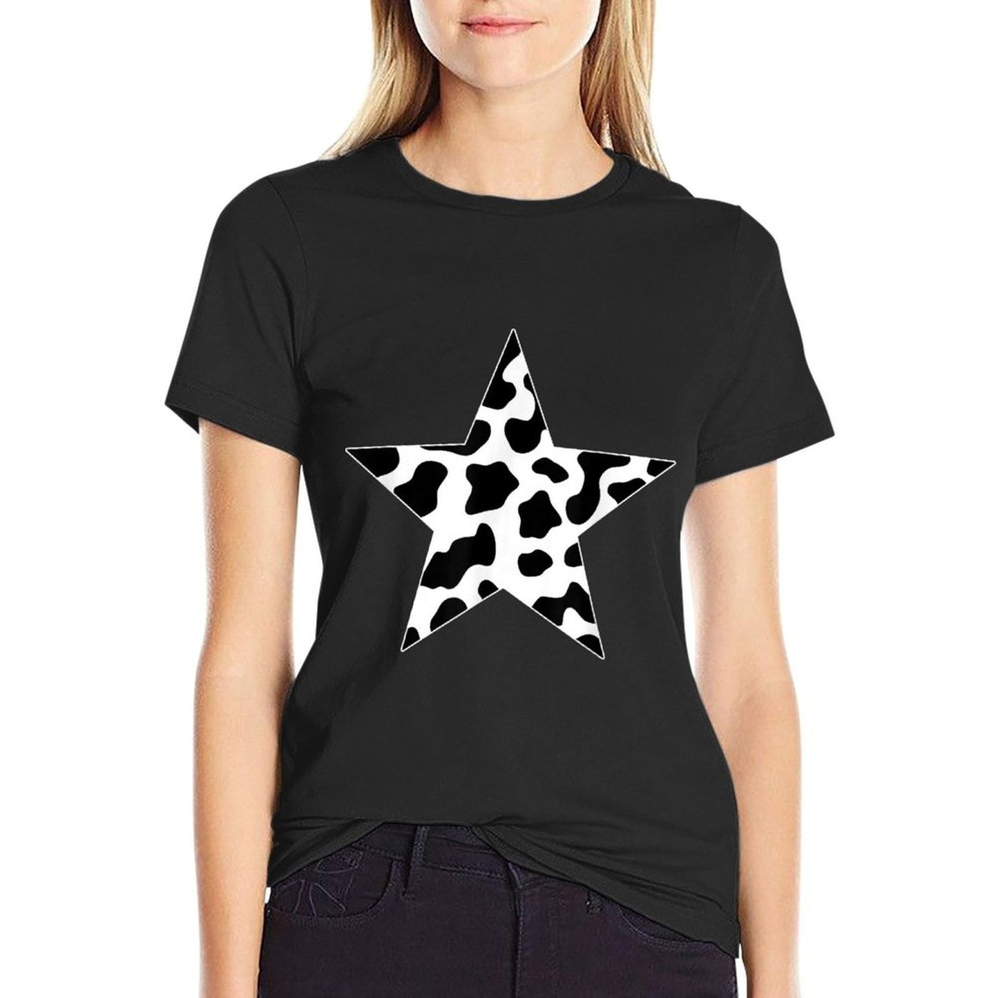 Star Cow Pattern Black And White Western Aesthetic  Stretchy T-Shirt