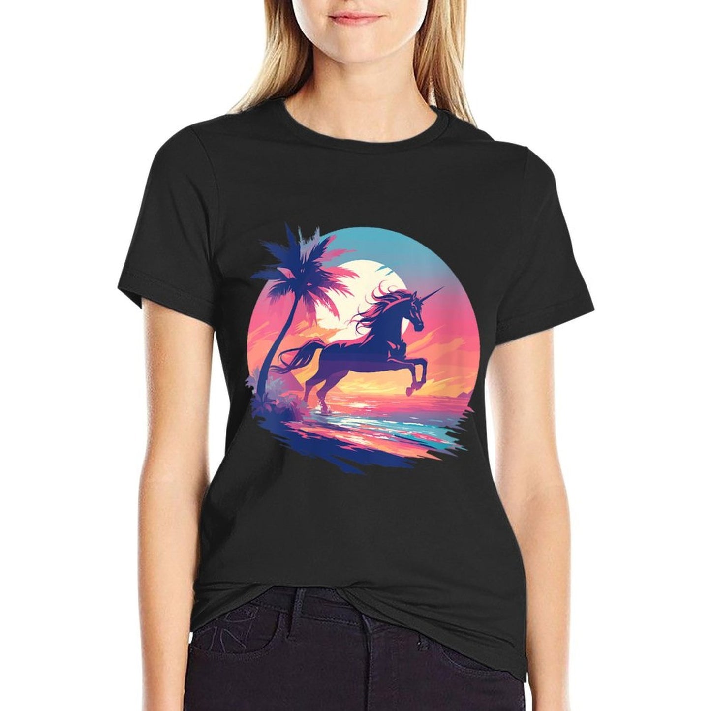 Womens Majestic Sunset Unicorn Art Mystical Creature Fantasy  Oversized Silhouette T-Shirt