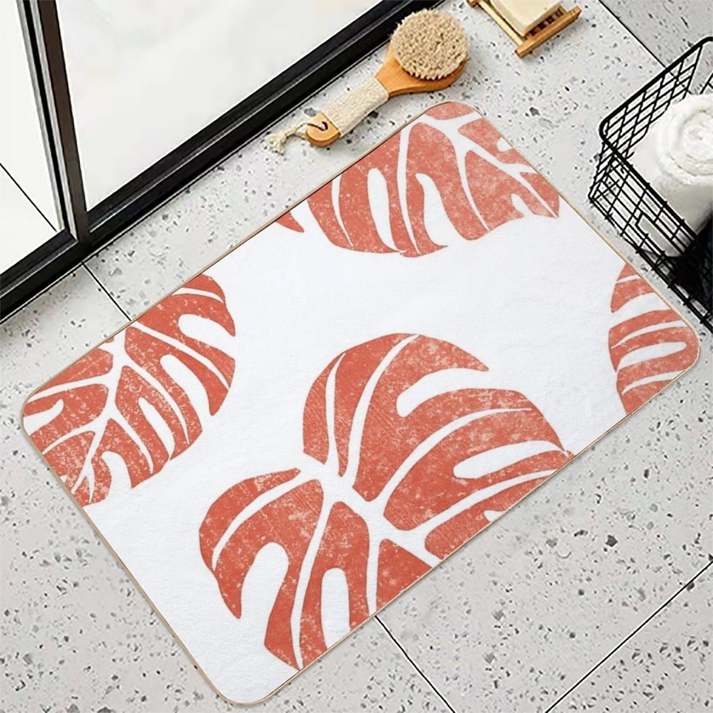 Terracotta Leaf - Monstera - Terracotta Abstract Print - Modern, Minimal, Contemporary Abstract  Stain-Proof Bath Mat