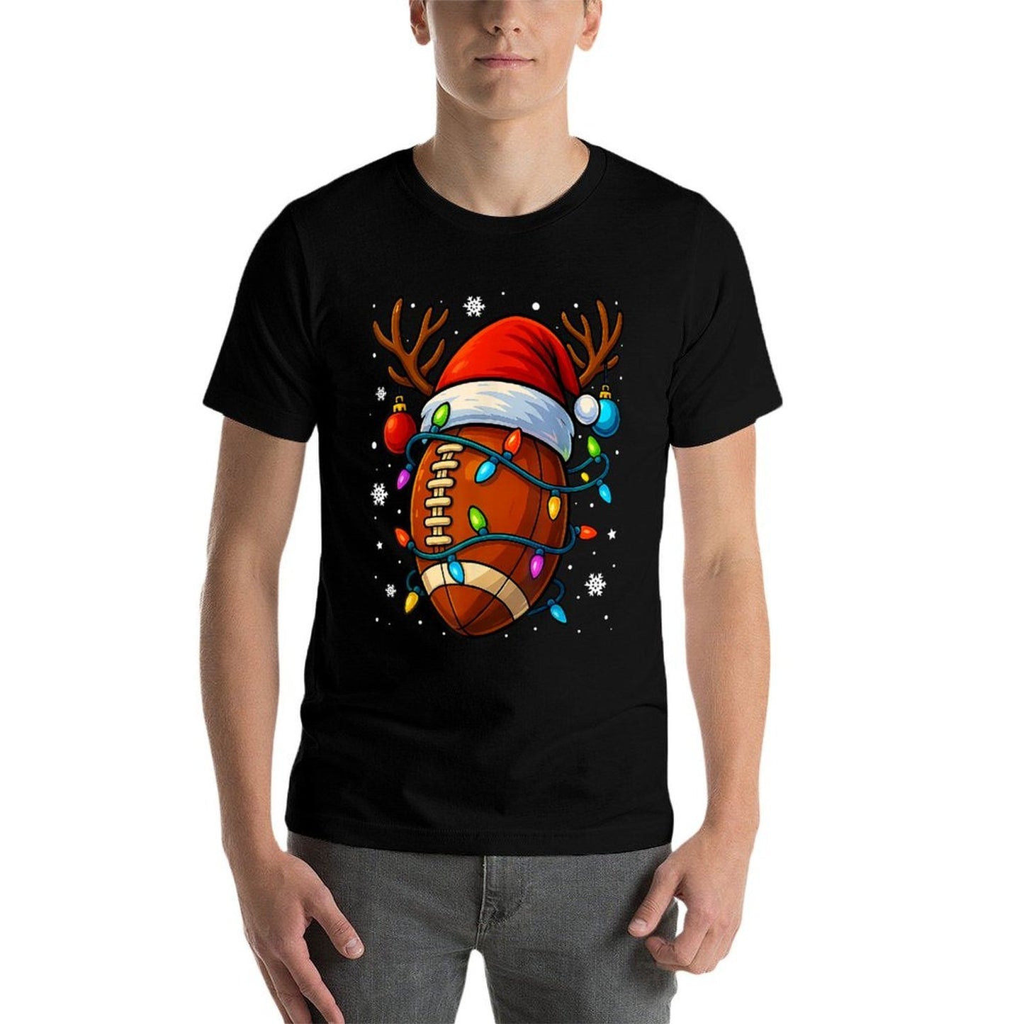 Christmas Football Santa Hat Lights Xmas Pajamas Men Boys  Relaxed-fit T-Shirt