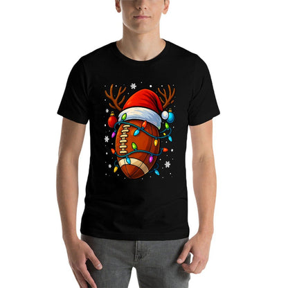 Christmas Football Santa Hat Lights Xmas Pajamas Men Boys  Relaxed-fit T-Shirt