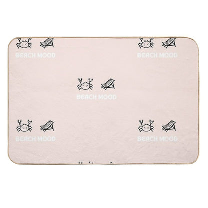 Beach Mood  Crab And Beach Lounge Chair Illustration  Pastel Pink Background  Absorbent Bath Mat