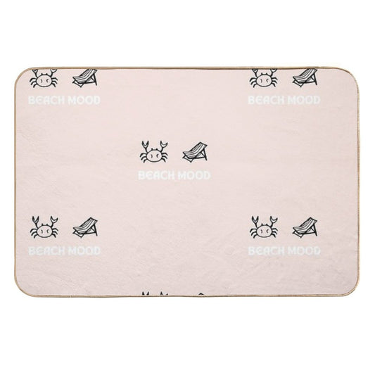 Beach Mood  Crab And Beach Lounge Chair Illustration  Pastel Pink Background  Absorbent Bath Mat