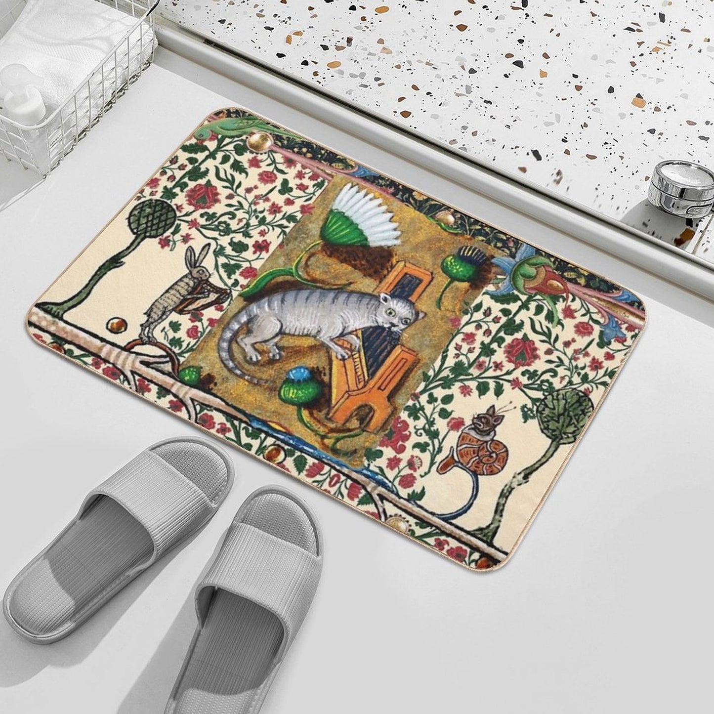 WEIRD MEDIEVAL BESTIARY MAKING MUSIC,Cat Playing Organ,Harpist Rabbit,Snail Cat  Easy To Clean Bath Mat