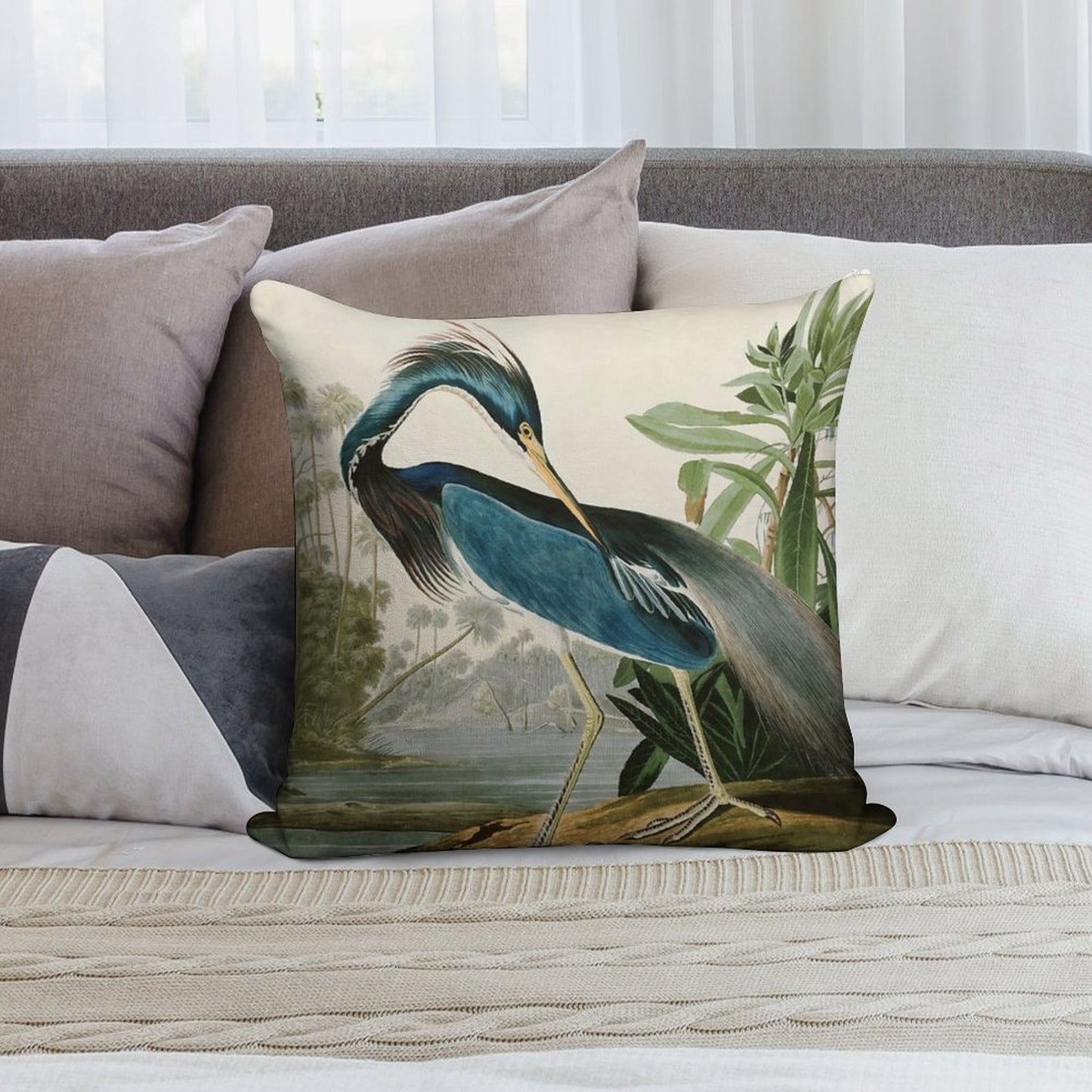 Louisiana Heron by John James Audubon Soft Short Plush Fabric Throw Pillow