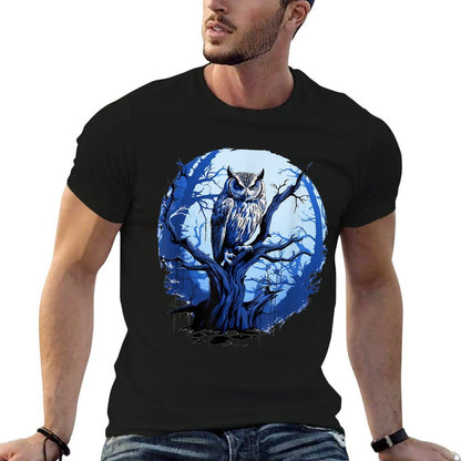 Twilight Blue Impressionist Owl on Skeletal Tree  Fade-proof Color T-Shirt