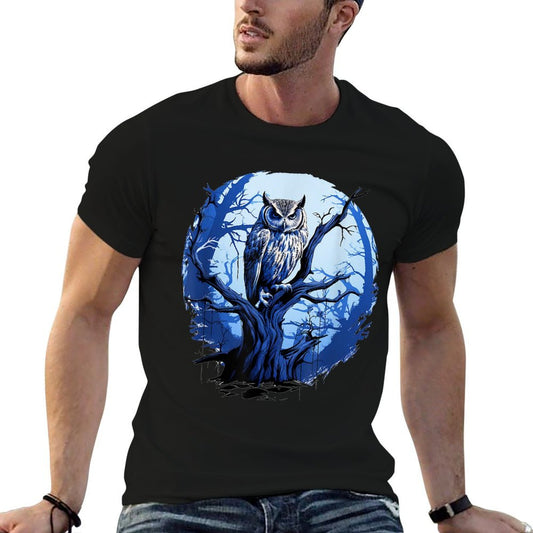 Twilight Blue Impressionist Owl on Skeletal Tree  Fade-proof Color T-Shirt