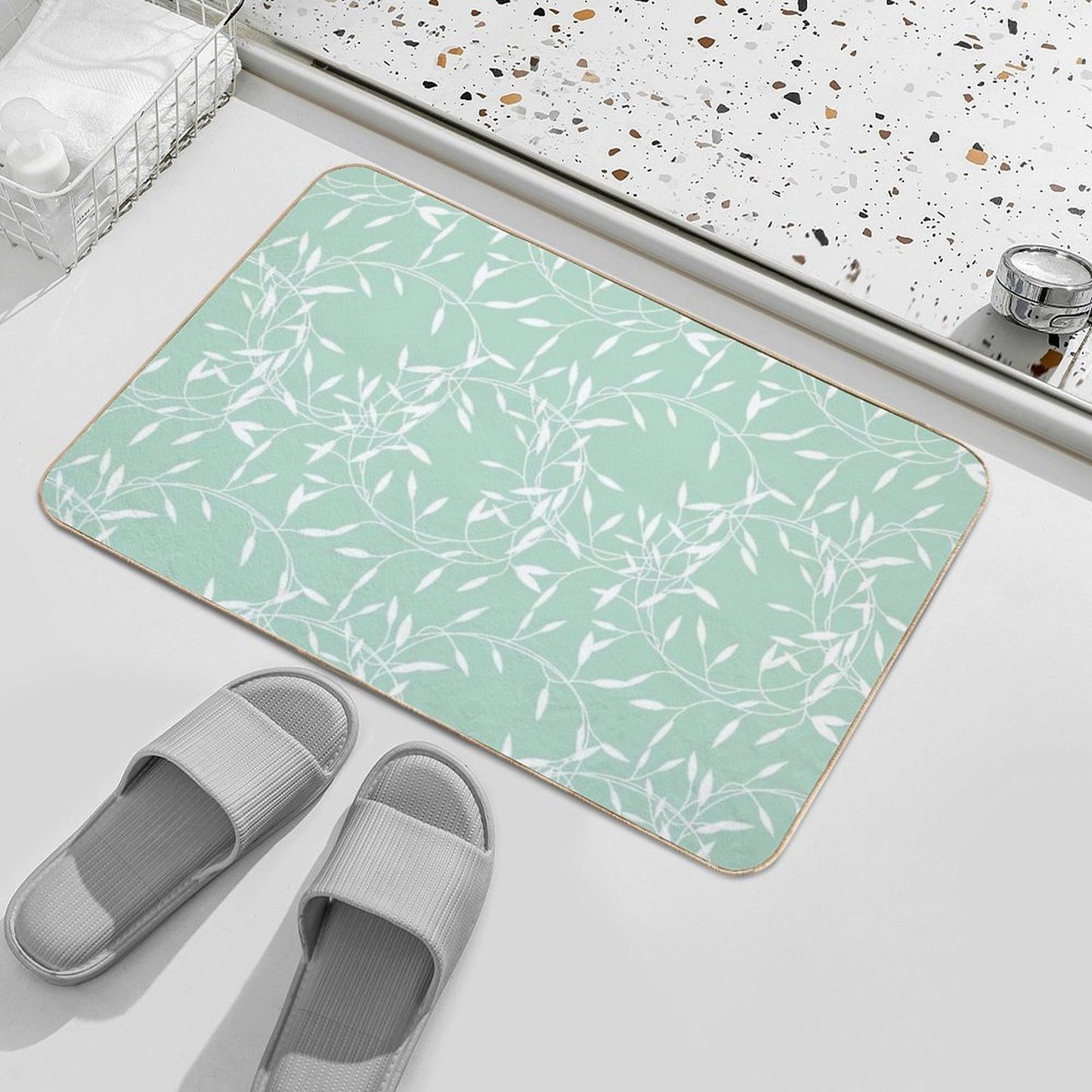 Organic Pattern - Pastel Green Background with White Details  Multi-Purpose Bath Mat