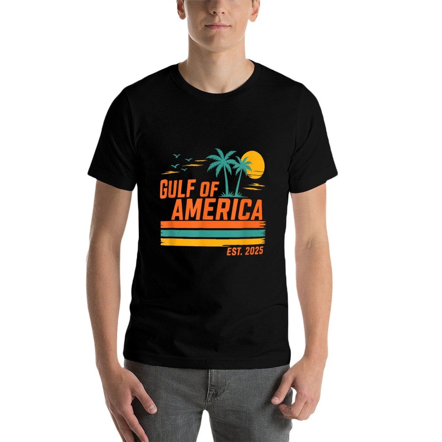 Gulf Of US America Est 2025 Retro Sunset Rolled Sleeves T-Shirt