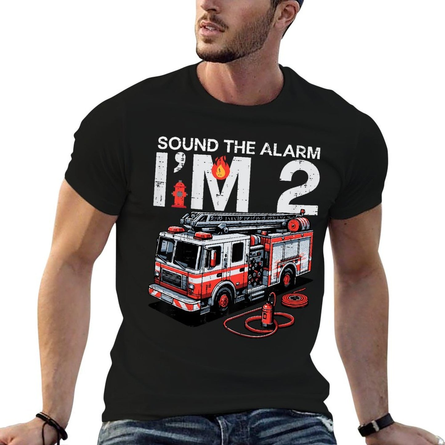 Kids Sound The Alarm Im 2 Fire Truck 2nd Year Birthday Boys Kids  Rolled Sleeves T-Shirt