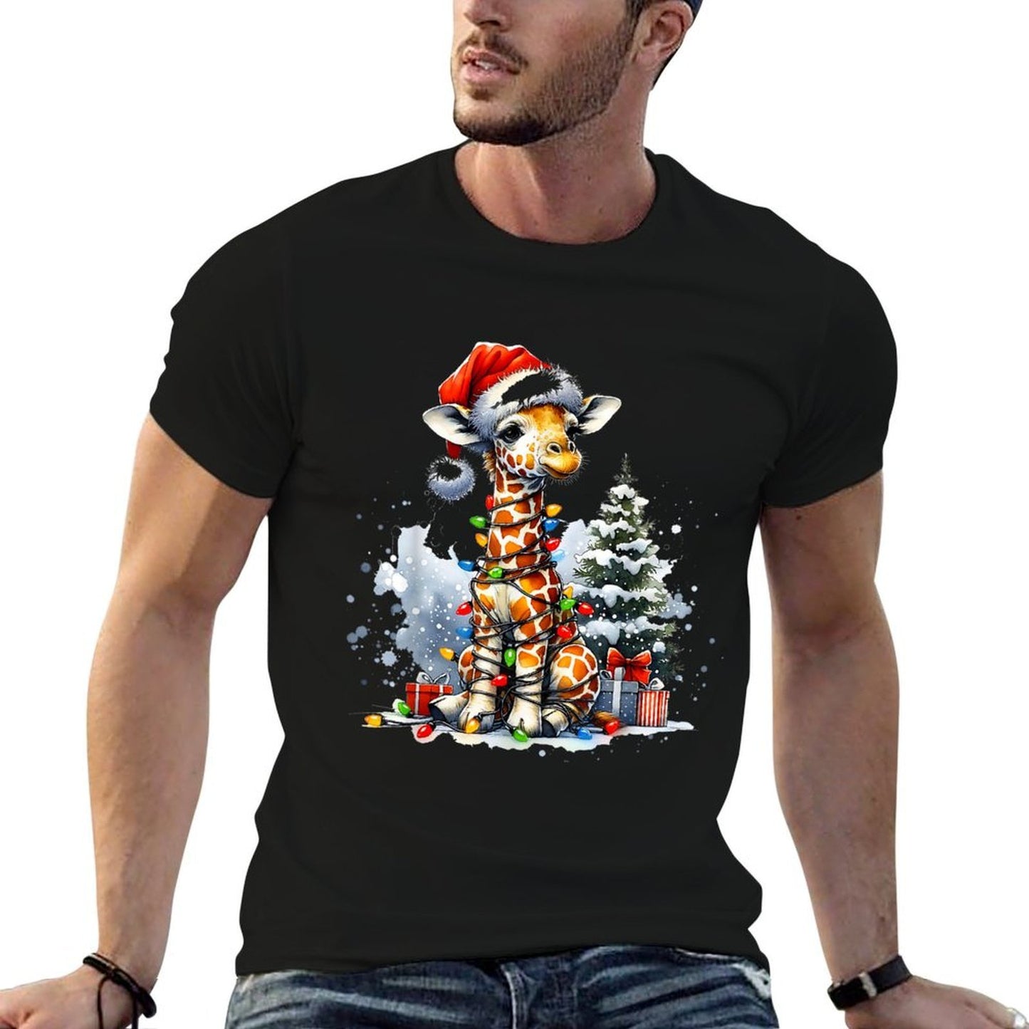 Cute Festive Giraffe Santa Hat Christmas Lights Snow Winter  Cotton T-Shirt