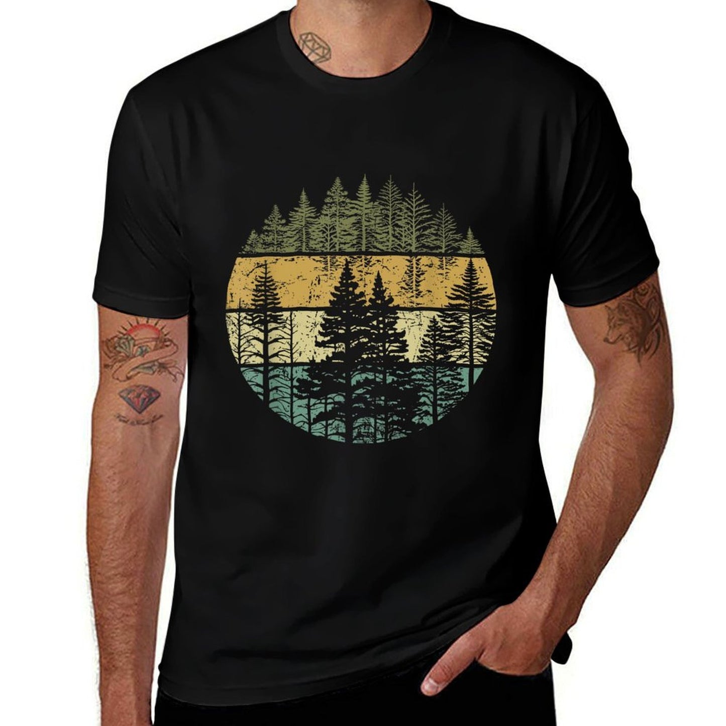 Retro Forest Trees Outdoors Nature Women Men Vintage Graphic  Graphic-printed T-Shirt