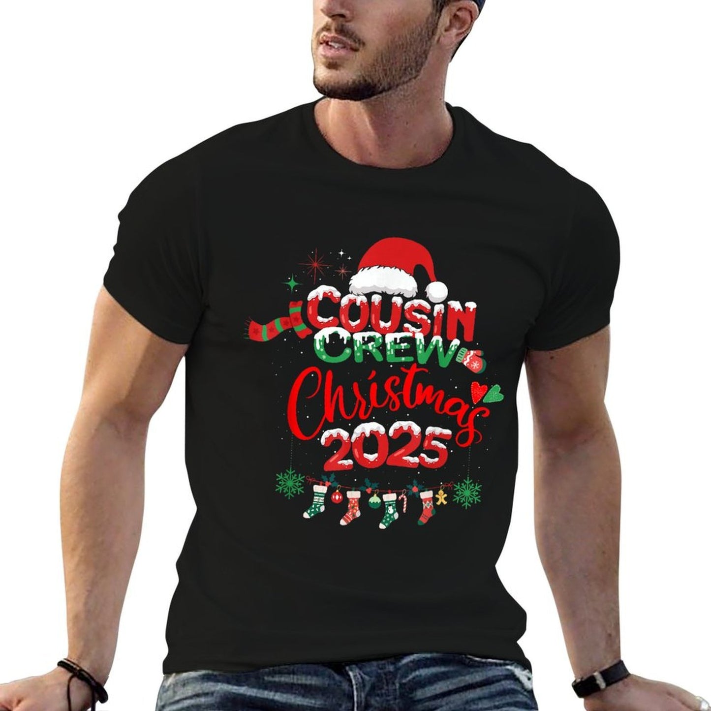 Merry Christmas Cousin Crew 2025 Family Matching Xmas 2025  Ribbed Collar T-Shirt